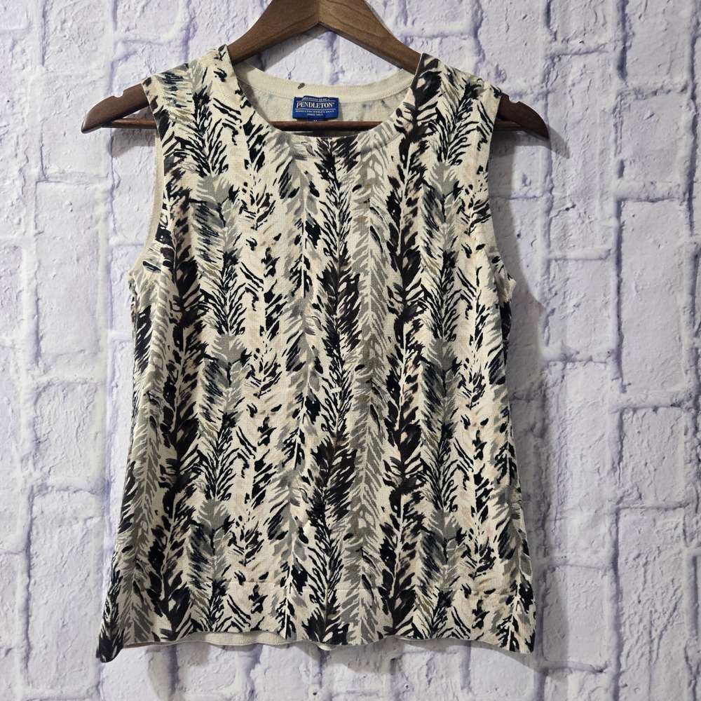 Pendleton Sleeveless Knit Top Abstract Leaf Print Tan Black Gray‎ Women's M